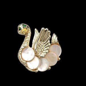 Mini Swan Brooch Pin Green Crystal Eyes Mother of Pearl Body Gold Tone Metal Vtg